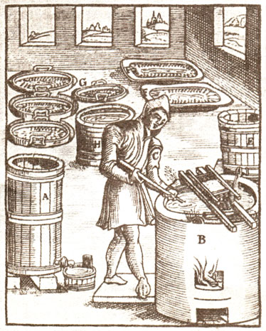 Добыча селитры (из книги Л. Эркера, 1574 г.) ... В - выпаривание раствора селитры; ... F-G - кристаллизация селитры из растворов