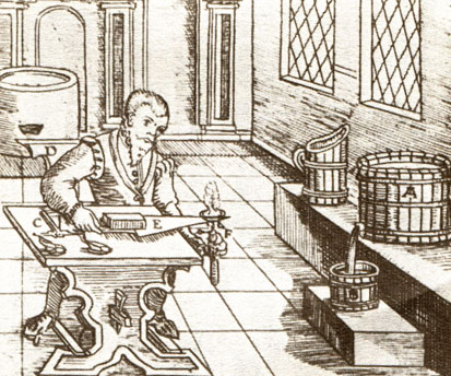 Помещение для определения качества селитры в селитроварне (из книги Л. Эркера, 1574 г.). А - выщелачивание 'селитряной земли'; ... С - весы; ... F - выпаривание пробы с помощью свечи