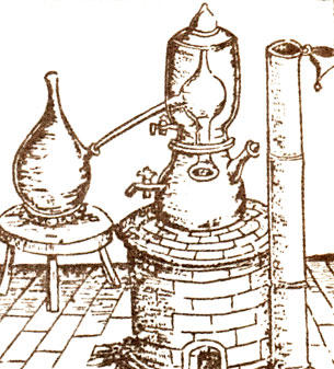 Перегонка с водяным охлаждением (из книги Г. Бруншвига, 1500 г.). Шлемообразная насадка для отвода паров находится в сосуде, наполненном водой