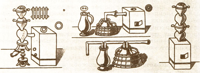 Химическая аппаратура (из книги И. Р. Глаубера, 1661 г.). Слева направо - перегонка квасцов для получения серной кислоты; установка для перегонки; аппарат для сублимации