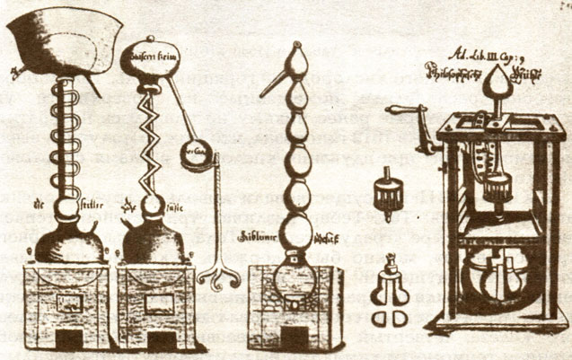 Печи и аппараты для перегонки (из книги И. Шредера 'Фармакопея', 1700 г.). Справа - ручная мельница
