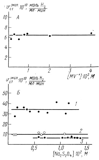 Рис. 26. Зависимость стационарной скорости образования водорода гидрогеназой в клетках Т. roseopersicina: А - от концентрации восстановленной формы метилвиологена; концентрация дитионита натрия 1,2.10-2 М; концентрация клеток 1,3.106 мл-1; Б - от концентрации дитионита натрия: 1 - концентрация клеток 1,3-107 мл-1, концентрация метилвиологена - 10-3 М; 2 - концентрация клеток 2,6.106 мл-1; 3 - концентрация клеток 1,3.106 мл-1, концентрация метилвиологена 9.10-3 М