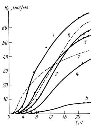 Рис. 35. Кинетика образования водорода Clostridium butyricum при использовании в качестве субстратов микроводорослей: 1 - Chlamydomonos girus; 2 - Onabaerta variobilis; 3 - Chlorella pyrenoidosa; 4 - Sceneolesmus obliquus; 5 - контрольный опыт в стерильной исходной среде роста микроводорослей; 6 - культуральная среда Anabaena variabilis; 7 - культуральная среда Chlamidomonas girus