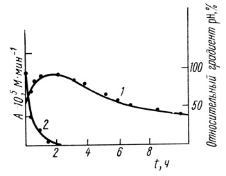 Рис. 50. Сравнение кинетики инактивации хлоропластов (1) и кинетики уменьшения трансмембранного градиента pH (2)